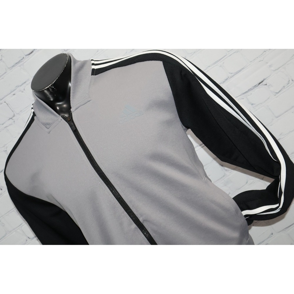Adidas Track Jacket Men Large Gray Black Full Zip 3 Stripe Bomber Ribbed Sport